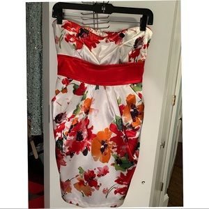 White dress with red floral print